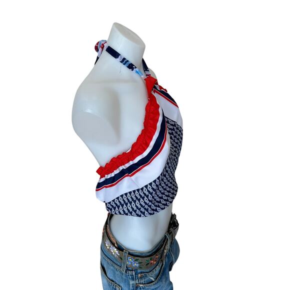 Red White Blue Scarf Halter Top Crop One Size Festival Handcraft Unique NEW - Picture 2 of 5